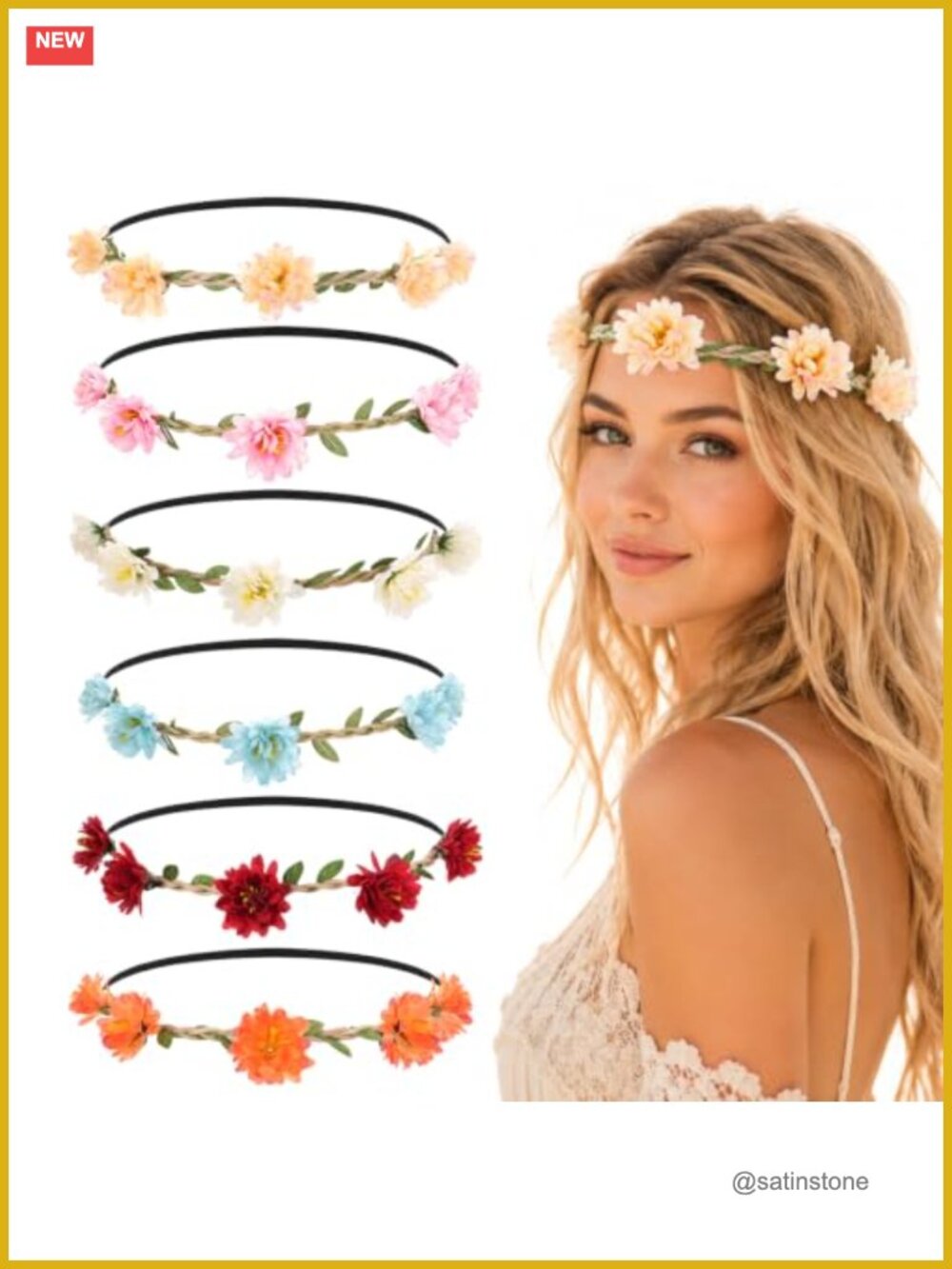 6 Pack Boho Flower Crowns Woven Rattan Headbands Elastic Band